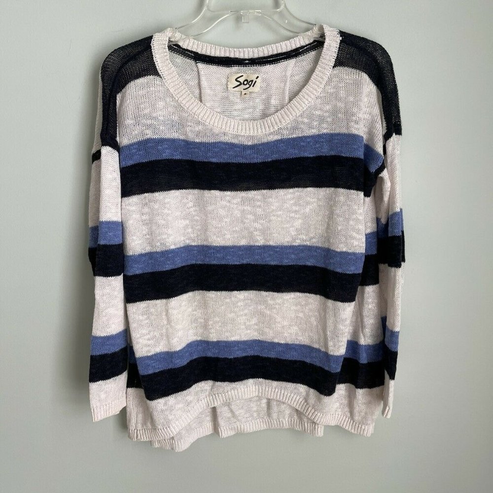 Sogi Blue White Striped Linen Blend Sweater